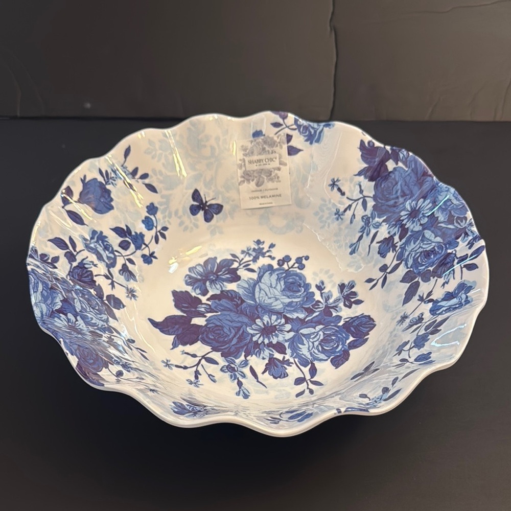 SHABBY CHIC Blue and White Floral Serving Bowl - 100% Melamine - Scalloped Edges
